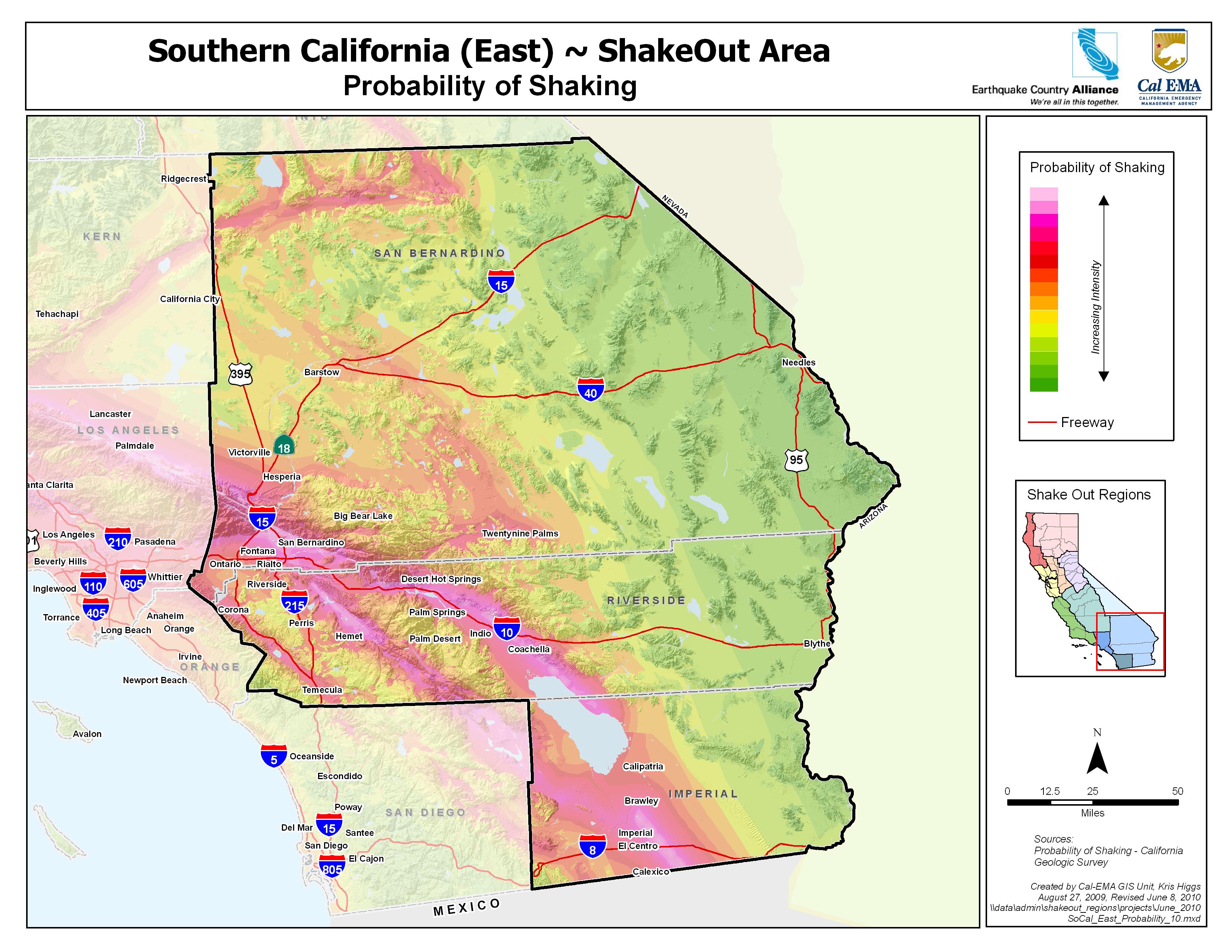 large earthquakes anywhere in the southern california east area can