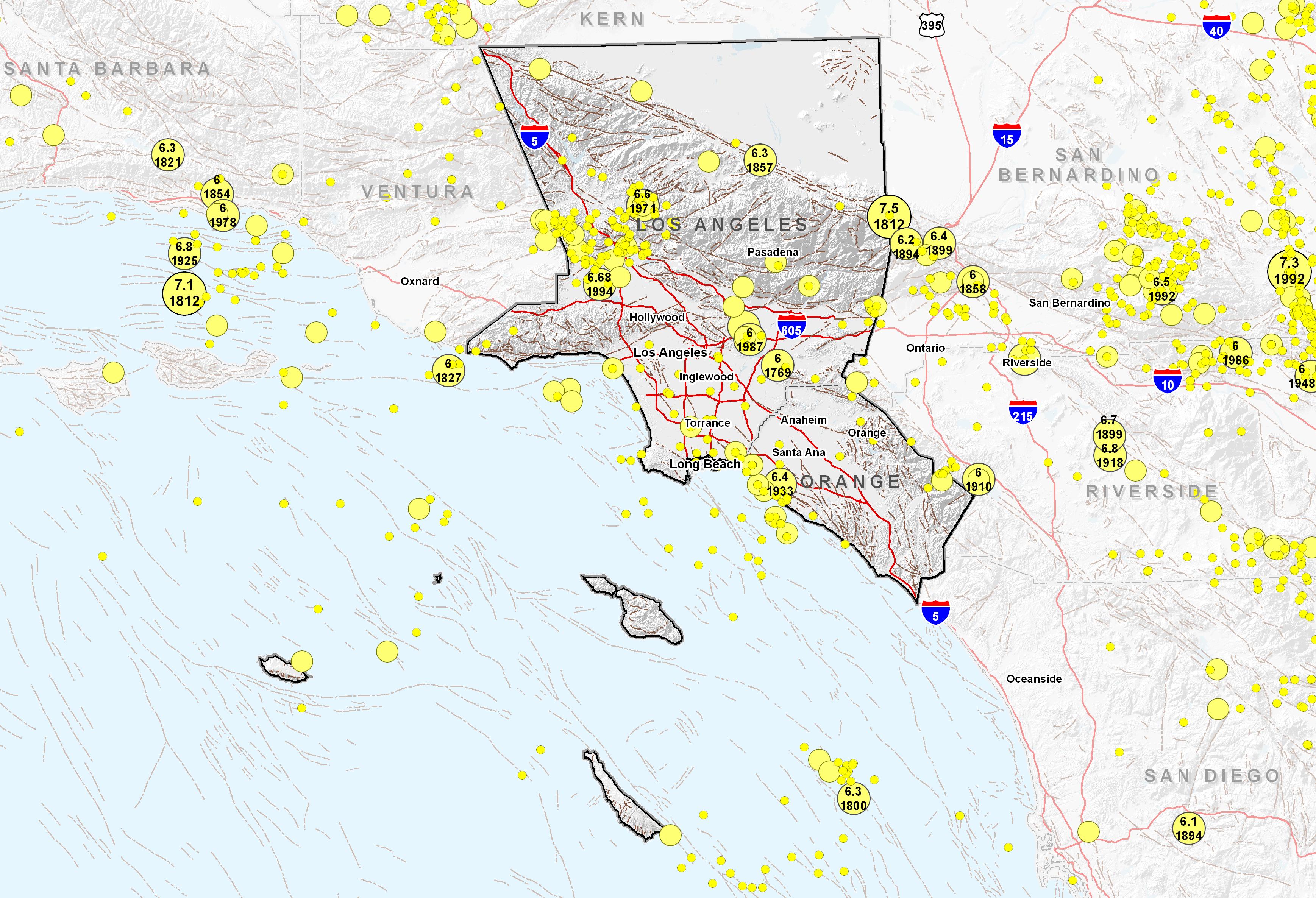 Southern California (West) Area Epicenters and Faults