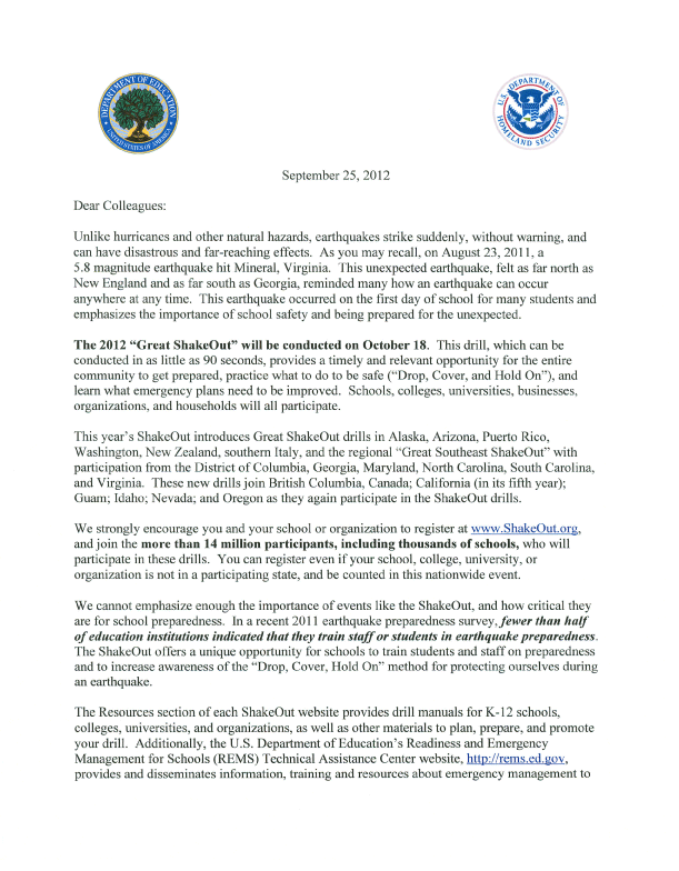 ED DHS Shakeout Letter