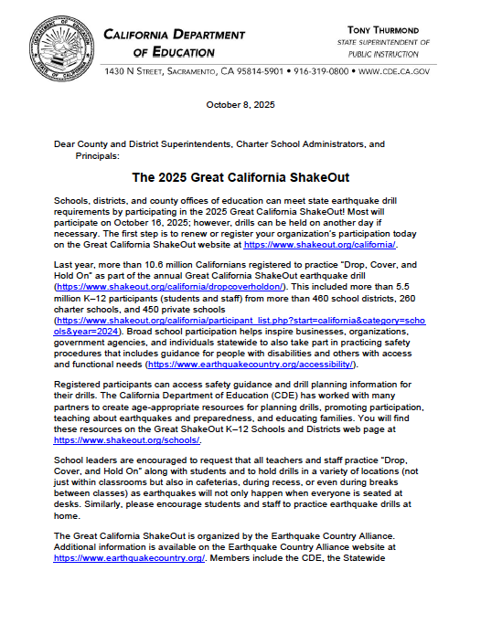 California State Superintendent Memo
