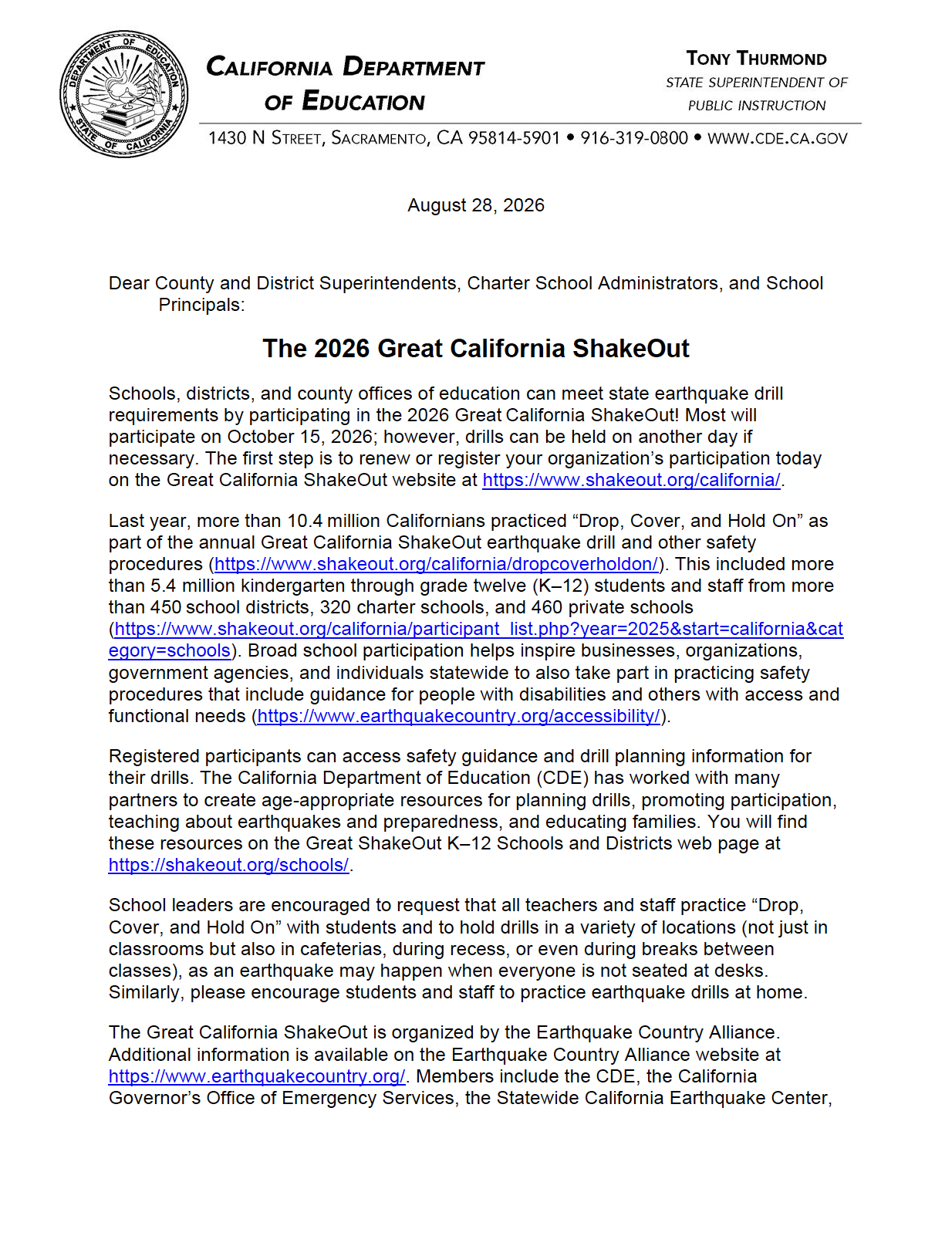 California State Superintendent Memo