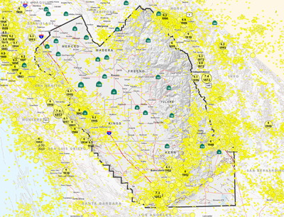  Central Valley (South) Area Epicenters and Faults