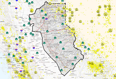 High Sierra Area Epicenters and Faults