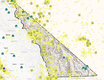 Inyo-Mono Area Epicenters and Faults