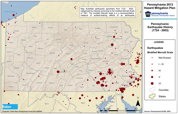 Map of Pennsylvania earthquake history