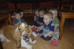 3 One year olds, 3 two year olds and a dog taking shelter under the table for two minutes. We did great for our age.