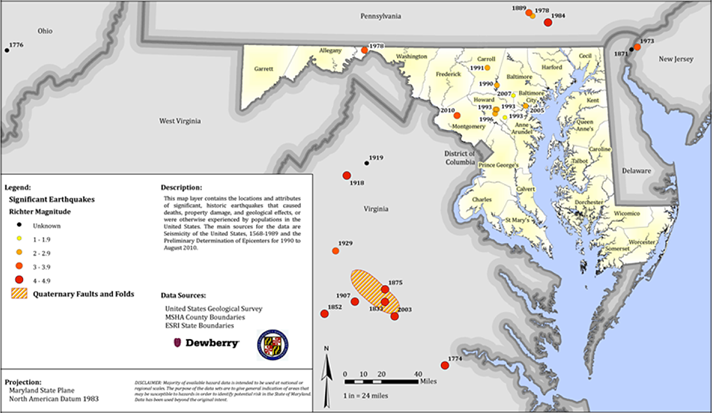 Maryland significant earthquakes map